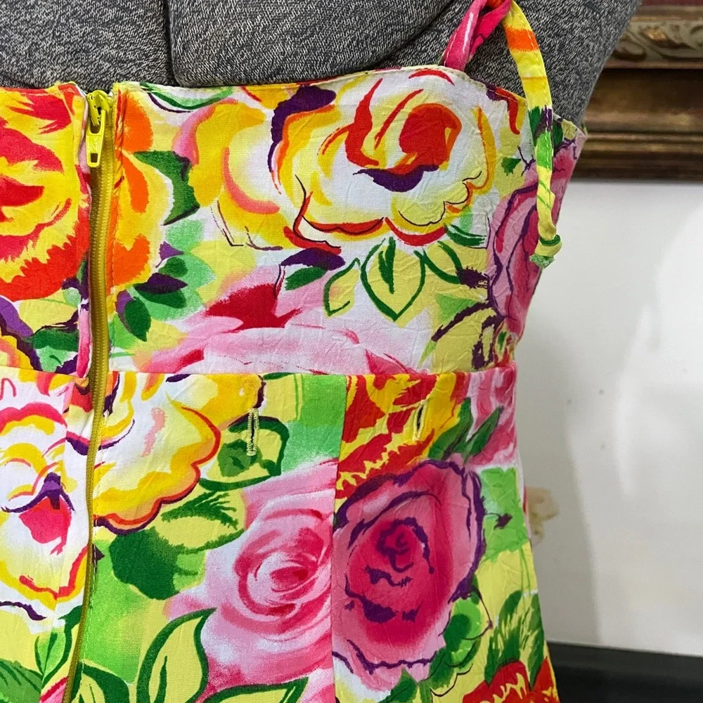 Jams World Vibrant Floral Sundress Slip Mini Dress Made in Hawaii - Sz XS 🧡🎀 - Picture 9 of 13